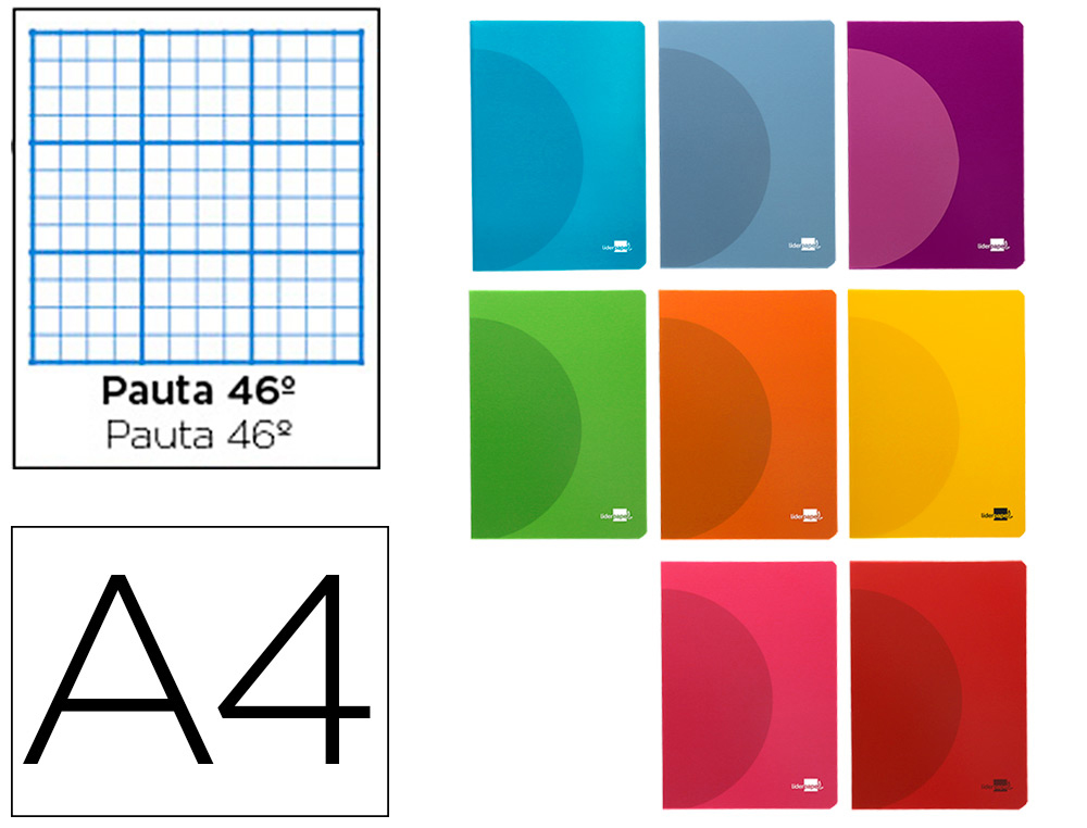 LIBRETA LIDERPAPEL 360 TAPA DE PLASTICO A4 48 HOJAS 90GR RAYADO N46 COLORES SURTIDOS