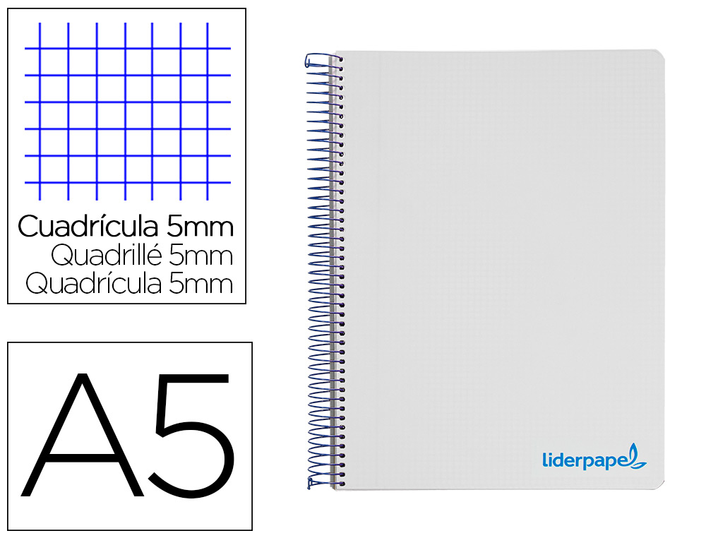 CUADERNO ESPIRAL LIDERPAPEL A5 MICRO WONDER TAPA PLASTICO 120H 90GR CUADRO 5MM 5 BANDAS 6 TALADROS COLOR GRIS