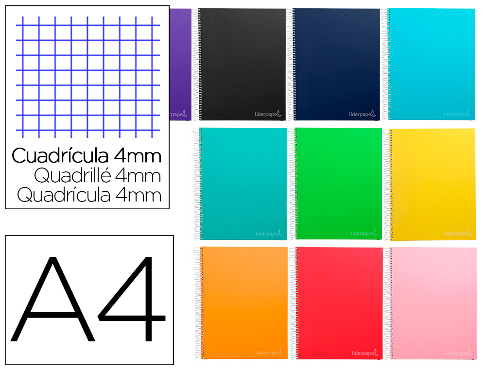 CUADERNO ESPIRAL LIDERPAPEL A4 MICRO JOLLY TAPA FORRADA 140H 75GR CUADRO 4MM 5 BANDAS 4 TALADROS COLORES SURTIDOS