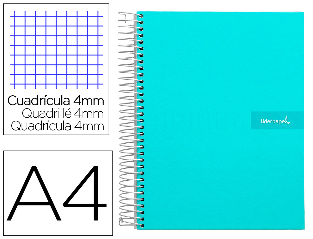 CUADERNO ESPIRAL LIDERPAPEL A4 CRAFTY TAPA FORRADA 80H 90GR CUADRO 4MM CON MARGEN COLOR TURQUESA