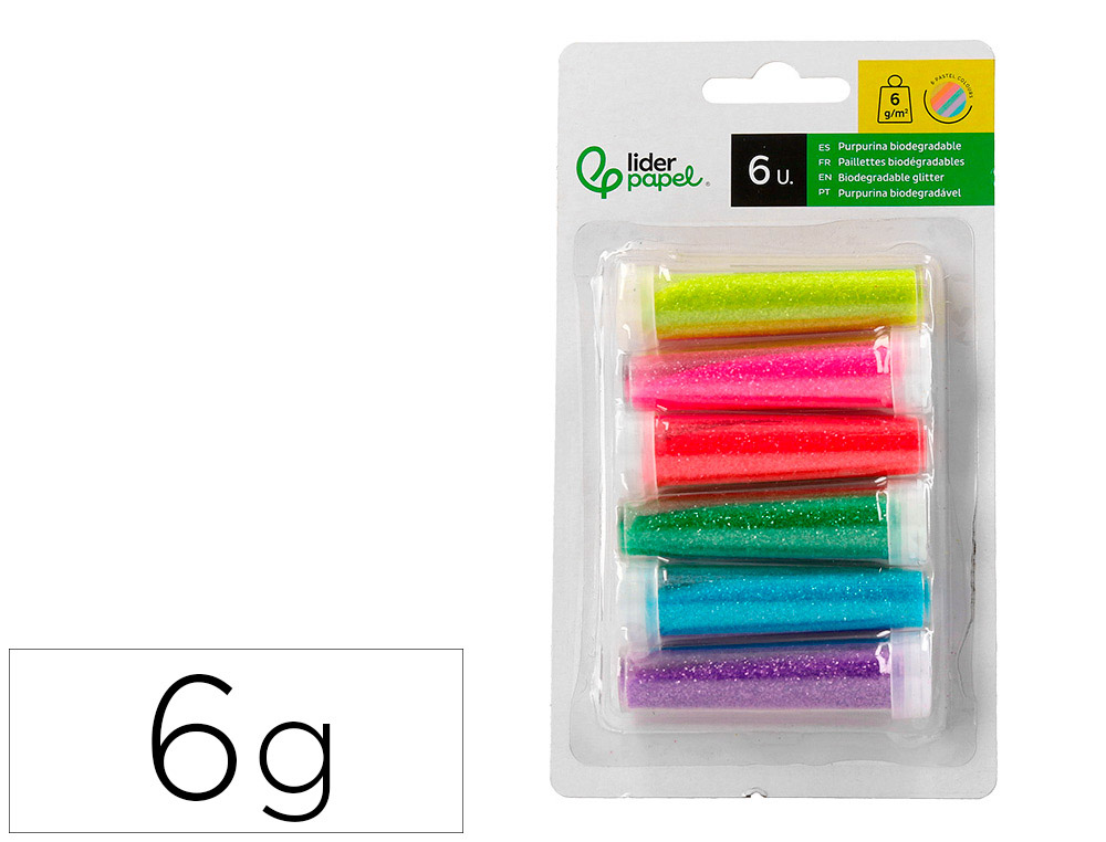 PURPURINA LIDERPAPEL BIODEGRADABLE FANTASIA BOTE 6 GR COLORES METALICOS PASTEL SURTIDOS BLISTER DE 6 UNIDADES