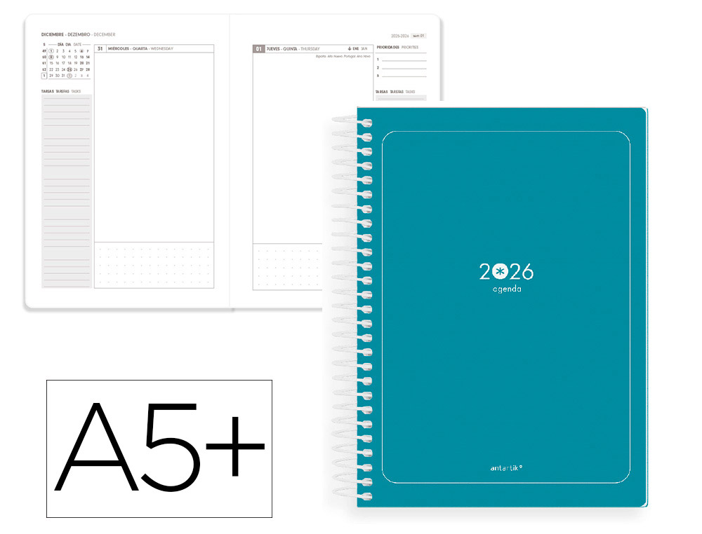 AGENDA ESPIRAL ANTARTIK ESSENTIALS A5+ 2026 DÍA PÁGINATURQUESA PAPEL 80G FSC