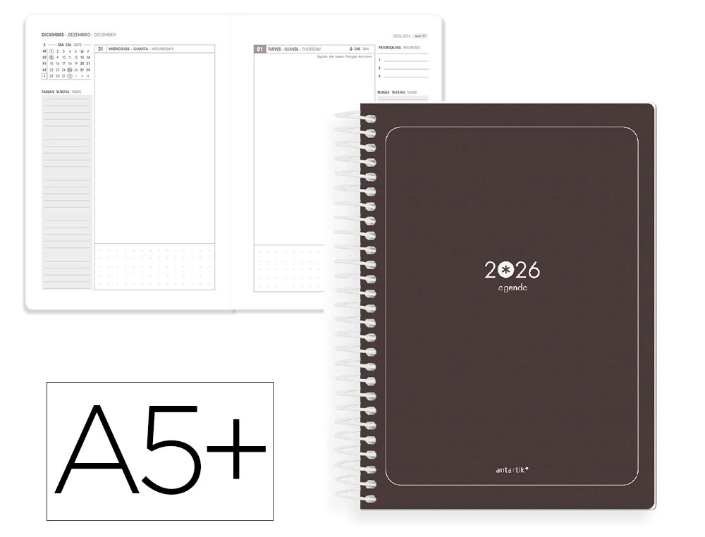 AGENDA ESPIRAL ANTARTIK ESSENTIALS A5+ 2026 DÍA PÁGINANEGRO PAPEL 80G FSC