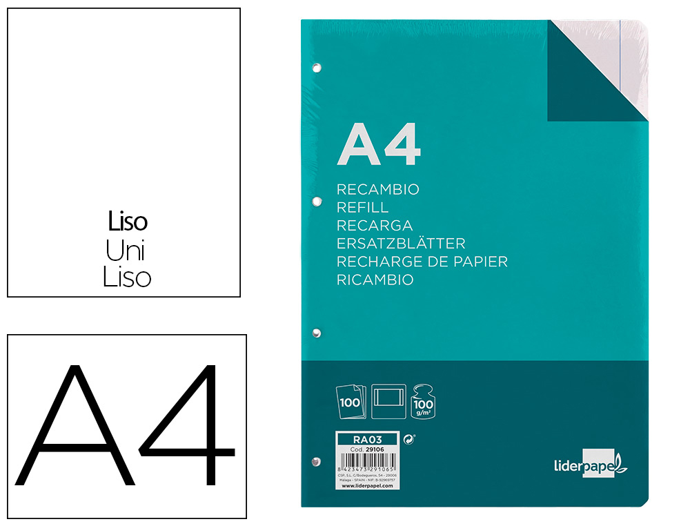 RECAMBIO LIDERPAPEL A4 100 HOJAS 100GR LISO 4 TALADROS DOBLE MARGEN
