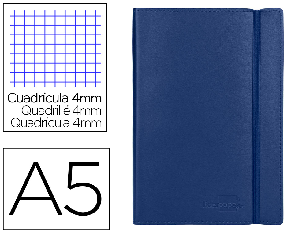 LIBRETA LIDERPAPEL SIMIL PIEL A5 120 HOJAS 70GR CUADRO 4MM SIN MARGEN AZUL