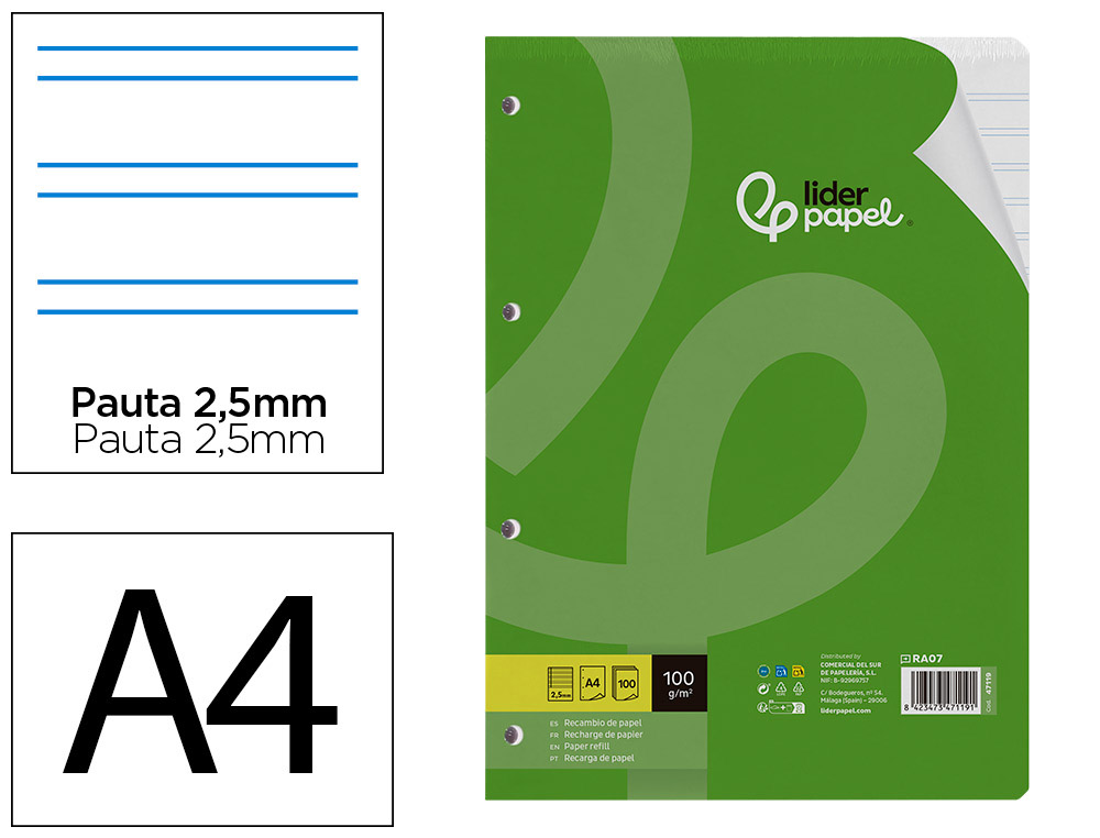 RECAMBIO LIDERPAPEL A4 100 HOJAS 100GR PAUTA 5 2.5MM CON MARGEN 4 TALADROS