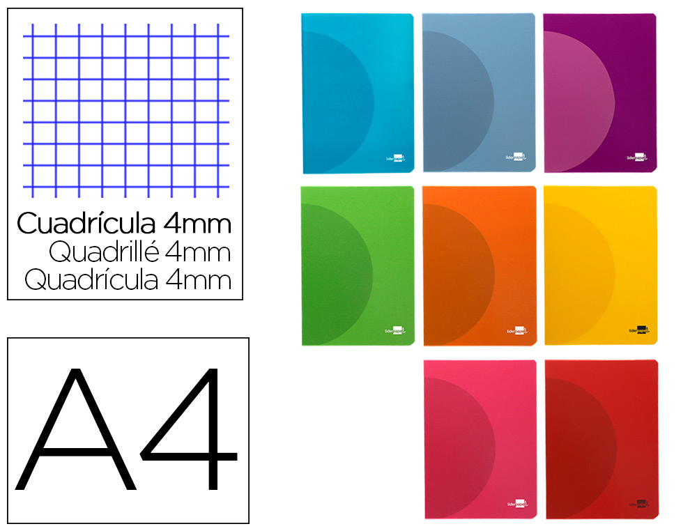 LIBRETA LIDERPAPEL 360 TAPA DE PLASTICO A4 48 HOJAS 90GR CUADRO 4MM CON MARGEN COLORES SURTIDOS