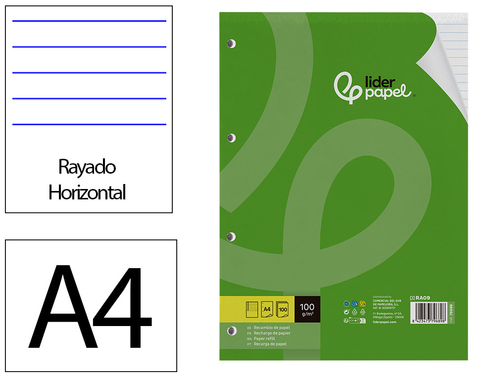 RECAMBIO LIDERPAPEL A4 100 HOJAS 100GR RAYADO HORIZONTAL CON MARGEN 4 TALADROS