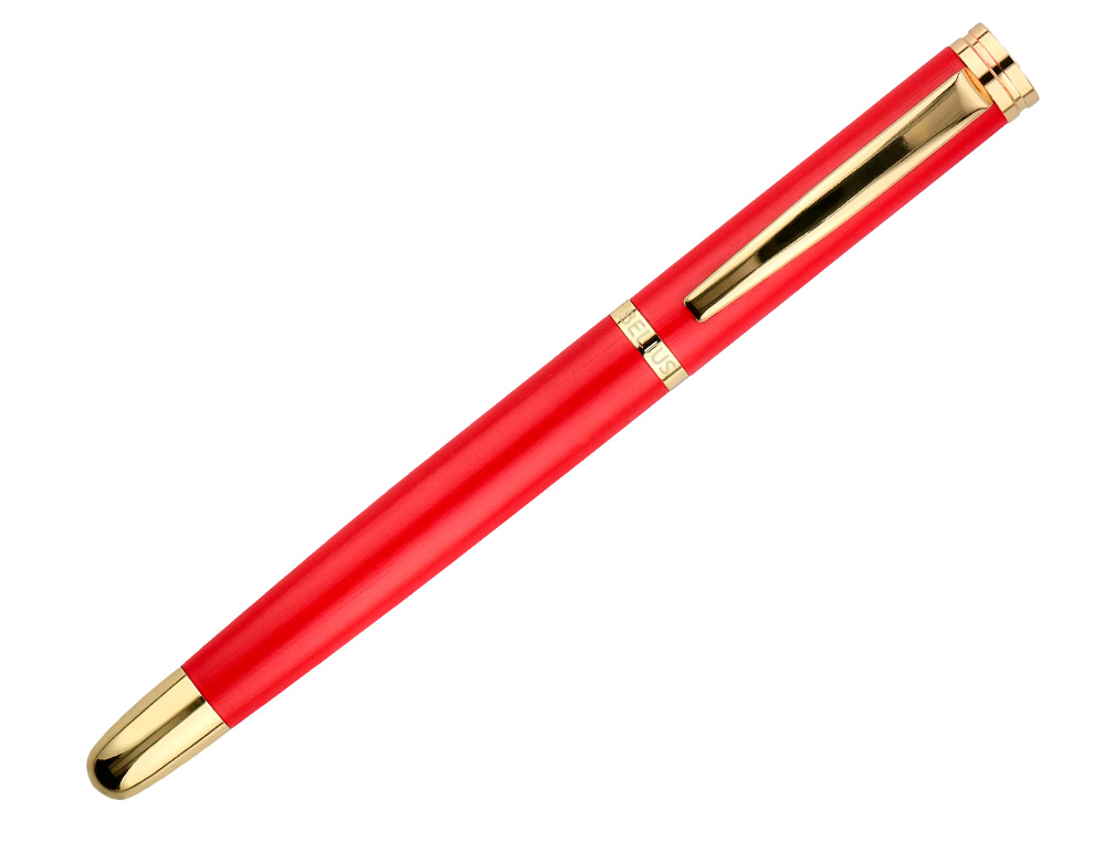 PLUMA Y ESTUCHE CUERO BELIUS PASSION DOR ALUMINIO TEXTURA CEPILLADA COLOR ROJO Y DORADO TINTA AZUL CAJA DE DISEO