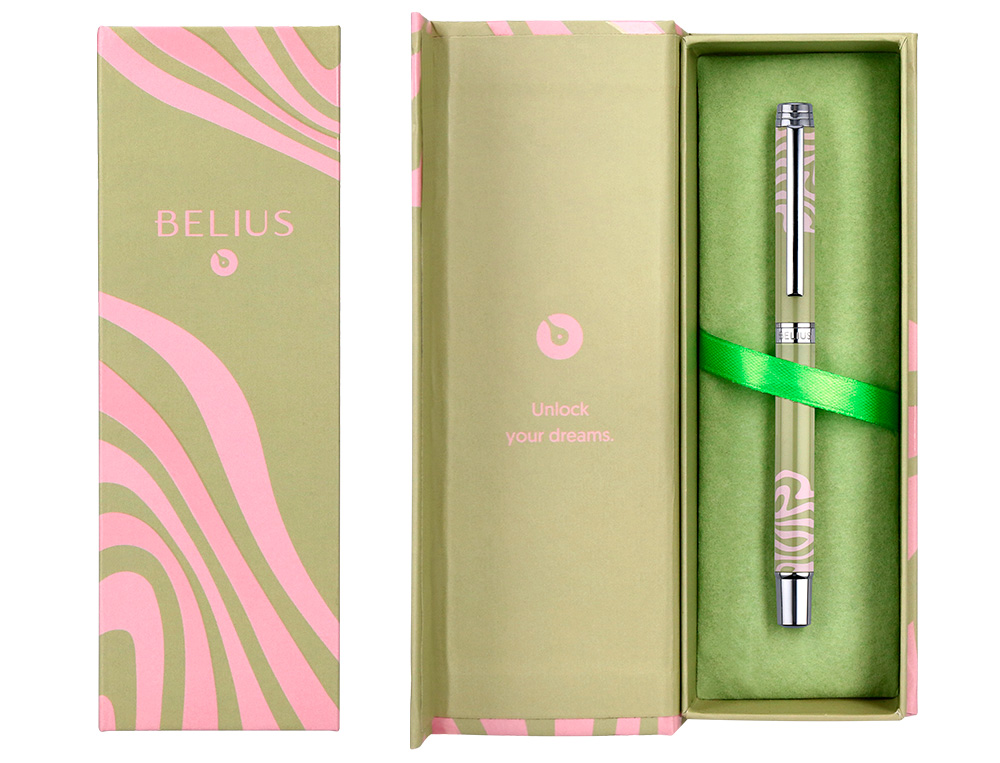 ROLLER BELIUS INK DREAMS ALUMINIO COLOR VERDE MATCHA Y ROSA PLATEADO FRASE INTERIOR TINTA NEGRA CAJA DE DISEO