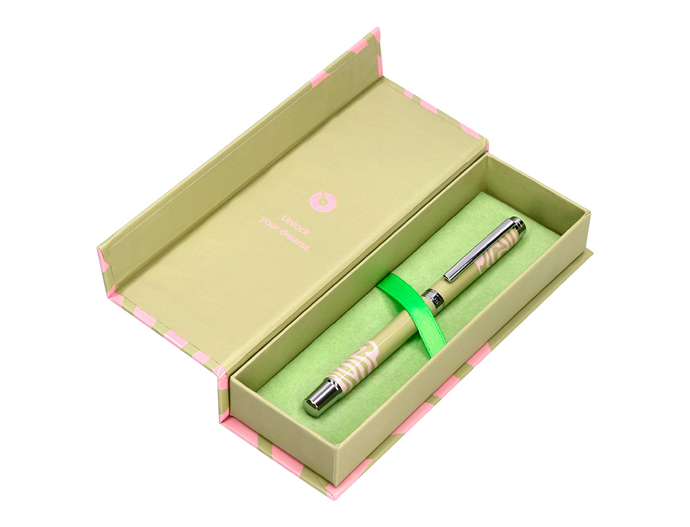 ROLLER BELIUS INK DREAMS ALUMINIO COLOR VERDE MATCHA Y ROSA PLATEADO FRASE INTERIOR TINTA NEGRA CAJA DE DISEO