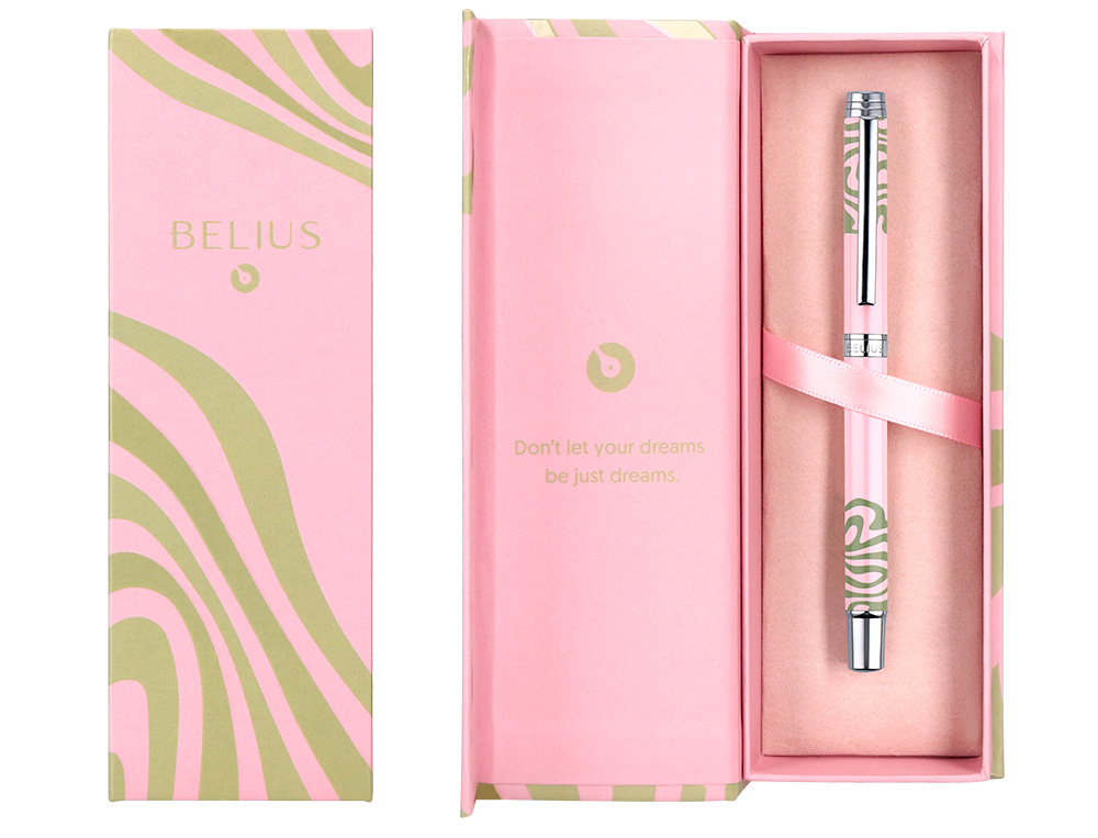 ROLLER BELIUS INK DREAMS ALUMINIO COLOR ROSA Y VERDE MATCHA PLATEADO FRASE INTERIOR TINTA NEGRA CAJA DE DISEO