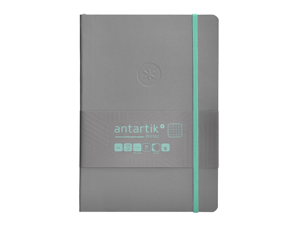 CUADERNO CON GOMILLA ANTARTIK NOTES TAPA BLANDA A5 HOJAS CUADRICULA GRIS Y TURQUESA 80 HOJAS 80 GR FSC