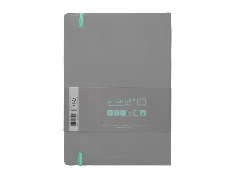 CUADERNO CON GOMILLA ANTARTIK NOTES TAPA BLANDA A5 HOJAS CUADRICULA GRIS Y TURQUESA 80 HOJAS 80 GR FSC