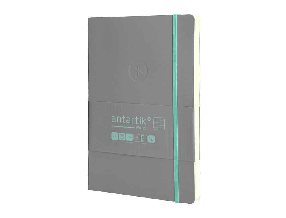 CUADERNO CON GOMILLA ANTARTIK NOTES TAPA BLANDA A5 HOJAS CUADRICULA GRIS Y TURQUESA 80 HOJAS 80 GR FSC