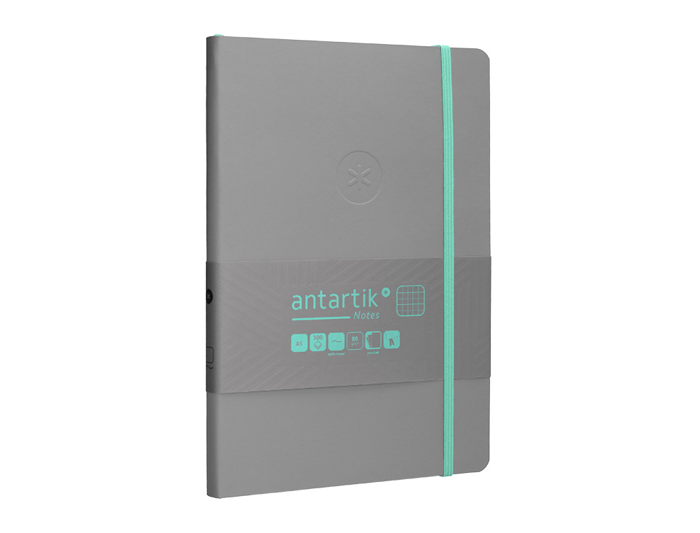 CUADERNO CON GOMILLA ANTARTIK NOTES TAPA BLANDA A5 HOJAS CUADRICULA GRIS Y TURQUESA 80 HOJAS 80 GR FSC