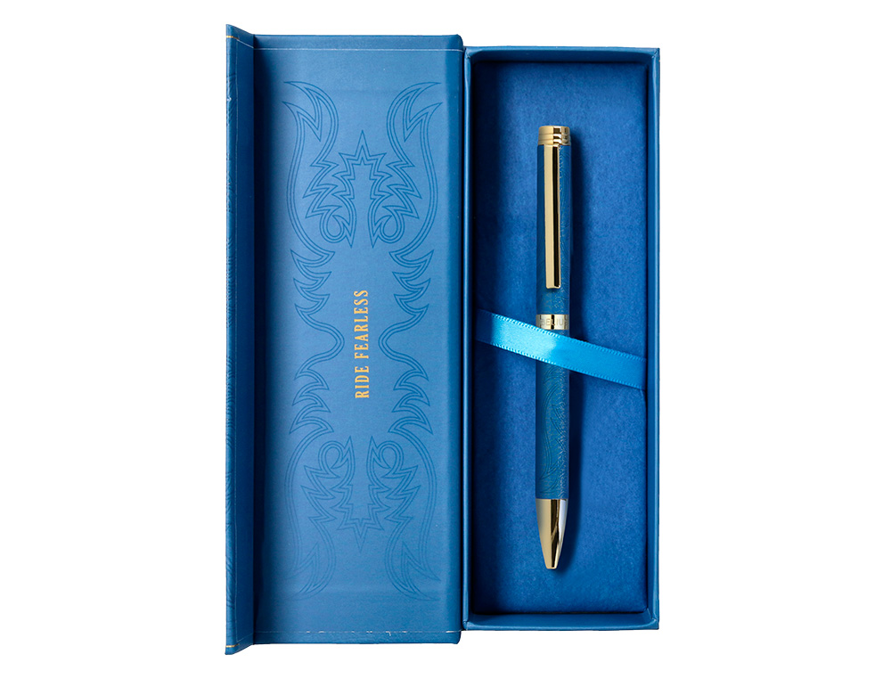 BOLIGRAFO BELIUS WILD WEST ALUMINIO COLOR AZUL MARINO DORADO TINTA COLOR AZUL CAJA DE DISEO